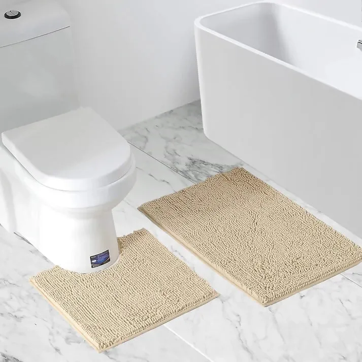 2 PCs Microfiber Anti Slip Commode Mat Set-14643Beige