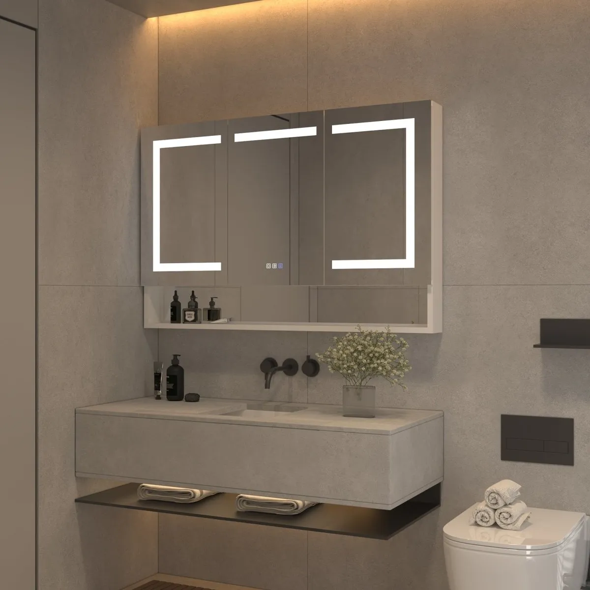 Ample 48" W x 32" H LED Lighted Chrome Medicine Cabinet with Mirror and Shelves for Bathroom Recessed or Surface Mount