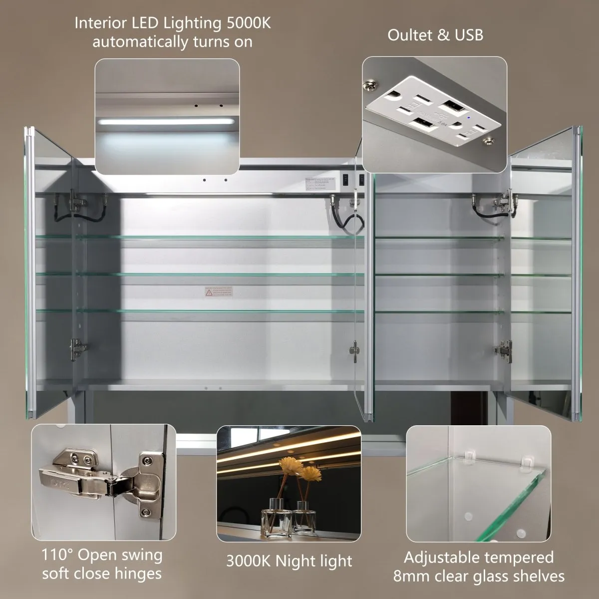 Ample 48" W x 32" H LED Lighted Chrome Medicine Cabinet with Mirror and Shelves for Bathroom Recessed or Surface Mount