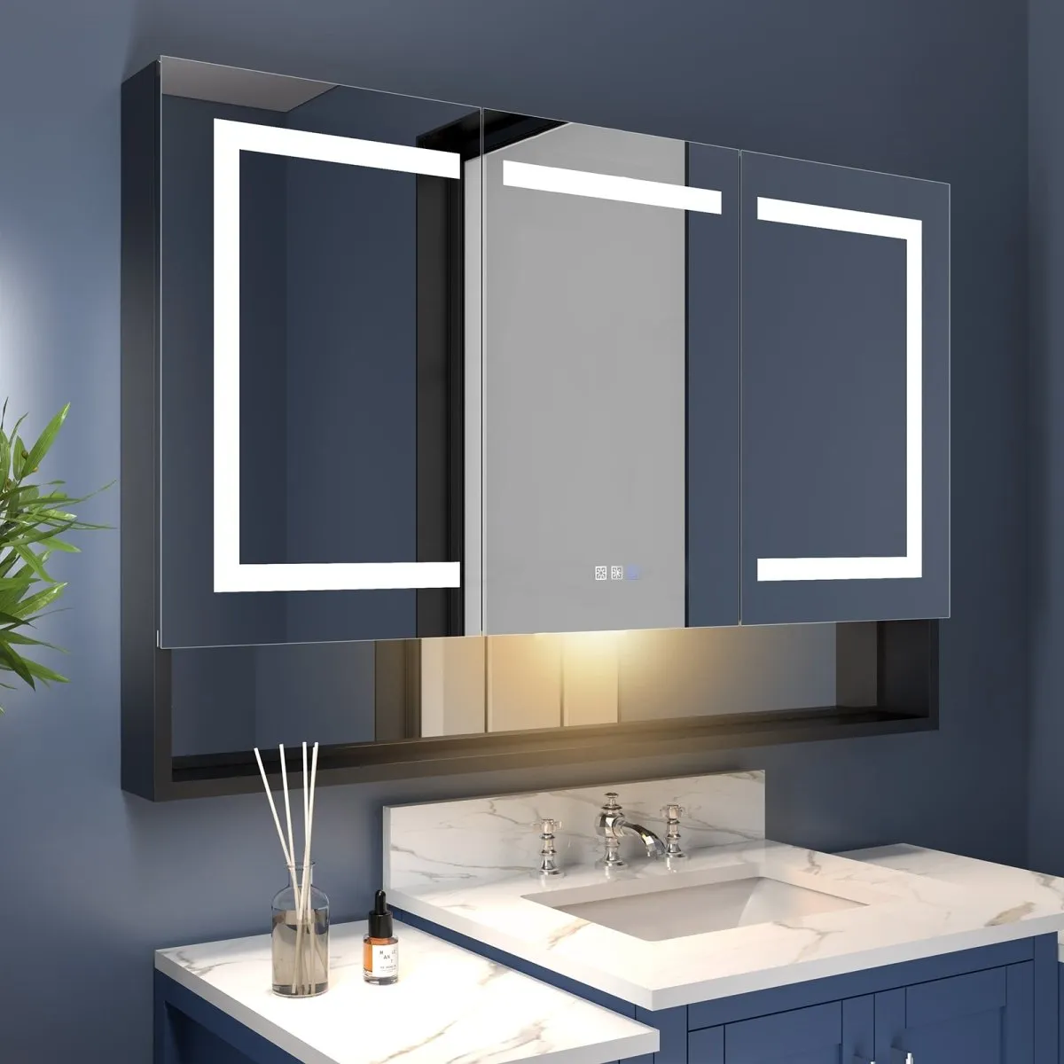 Ample 48" W x 32" H LED Lighted Mirror Black Medicine Cabinet with Shelves for Bathroom Recessed or Surface Mount