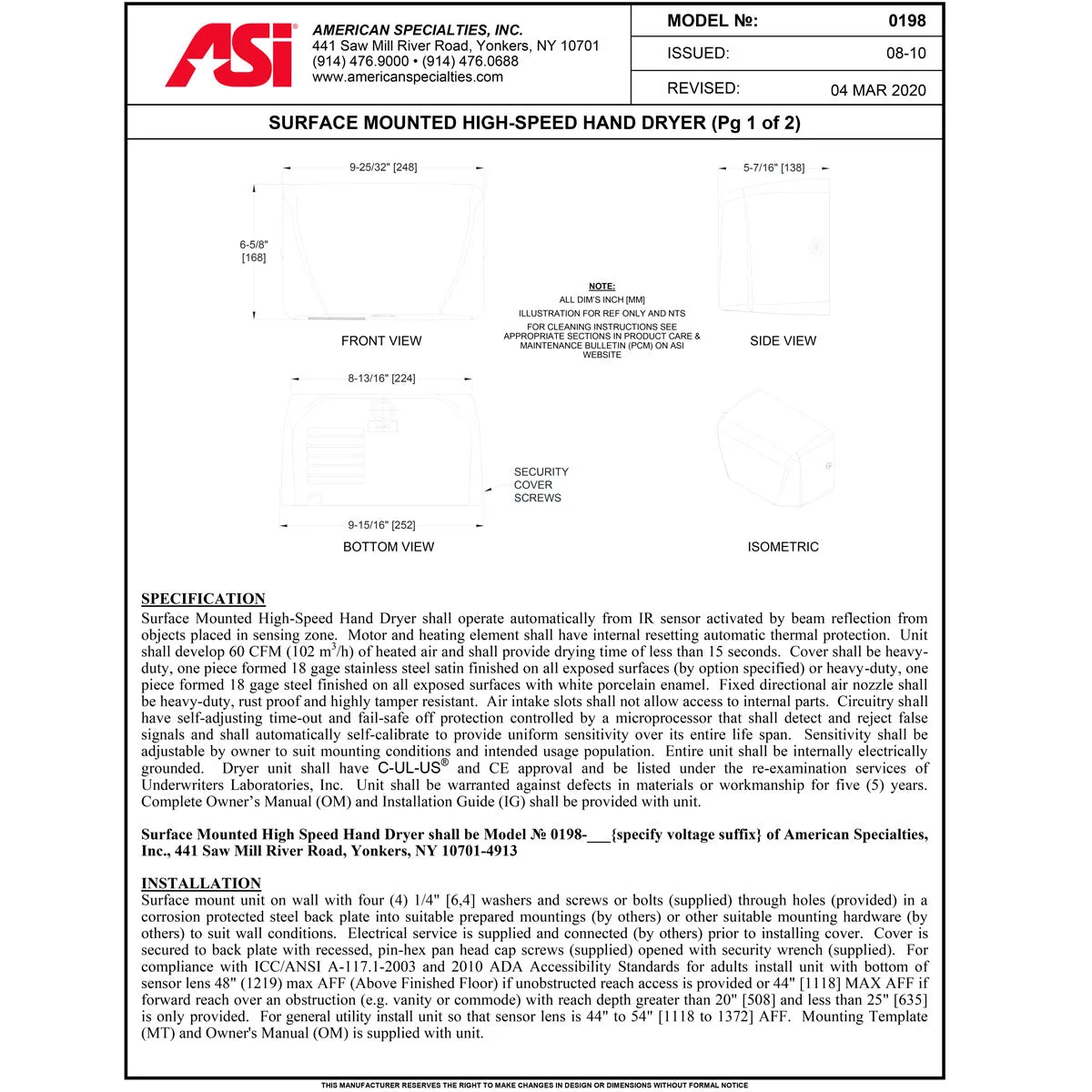 ASI 0198-1-93 Hand Dryer, 110-120 Volt, Surface-Mounted, Stainless Steel