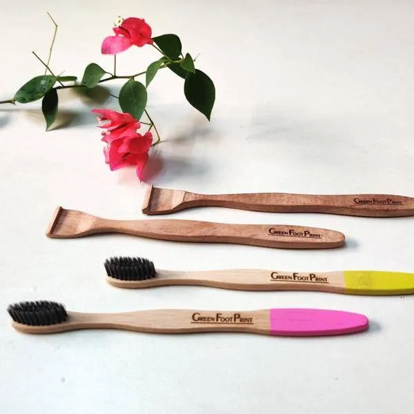 Bamboo Toothbrush & Neem Wood Tongue Cleaner - Combo Pack