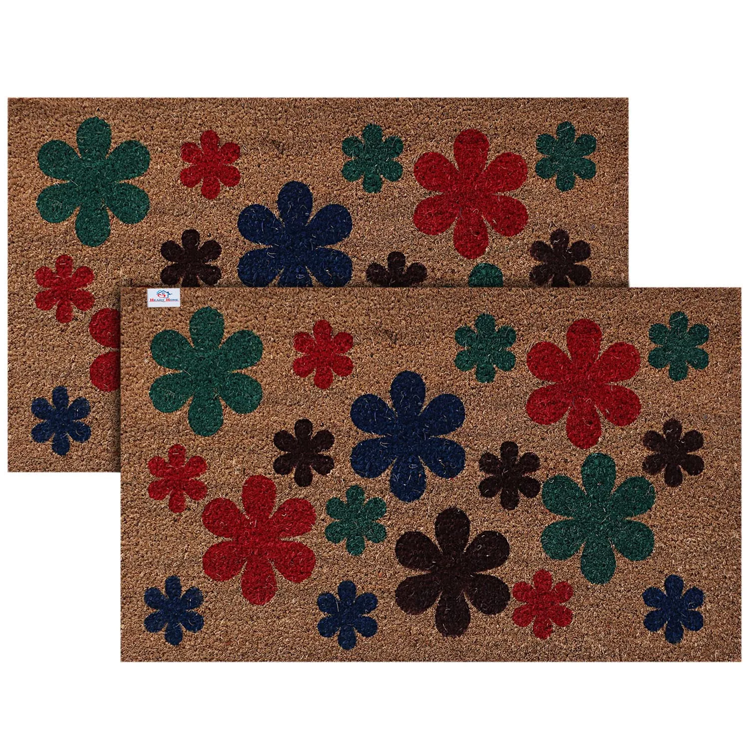 Heart Home Door Mat|Polyethylene Durable & Anti-Slip Natural Flowers Print Floor Mat|Rug for Indoor or Outdoor, 30x20 Inch, Pack of 2 (Brown)