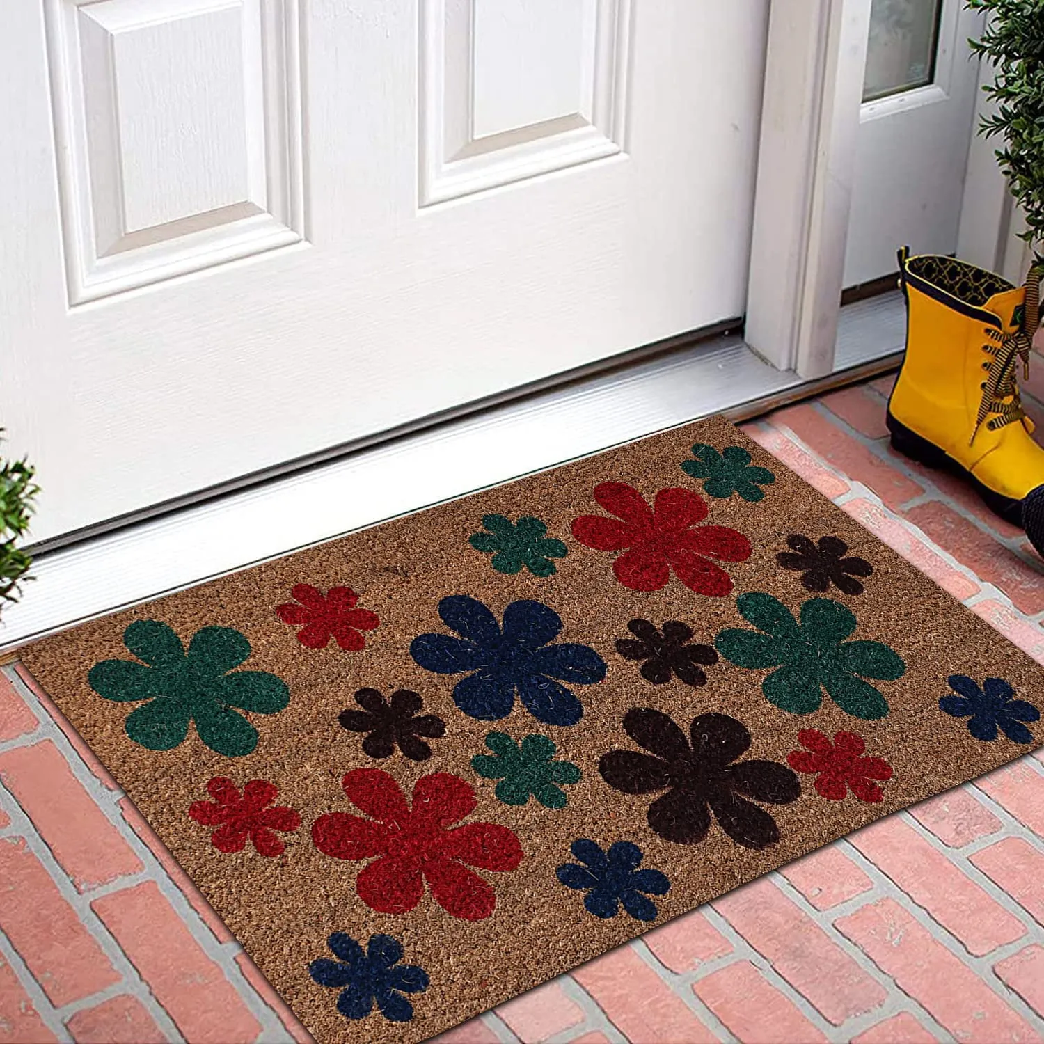 Heart Home Door Mat|Polyethylene Durable & Anti-Slip Natural Flowers Print Floor Mat|Rug for Indoor or Outdoor, 30x20 Inch, Pack of 2 (Brown)