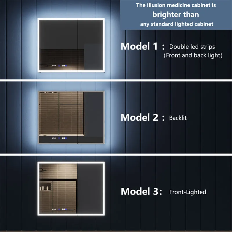 Illusion 40" x 32" LED Lighted Medicine Cabinet with Magnifiers Front and Back Light