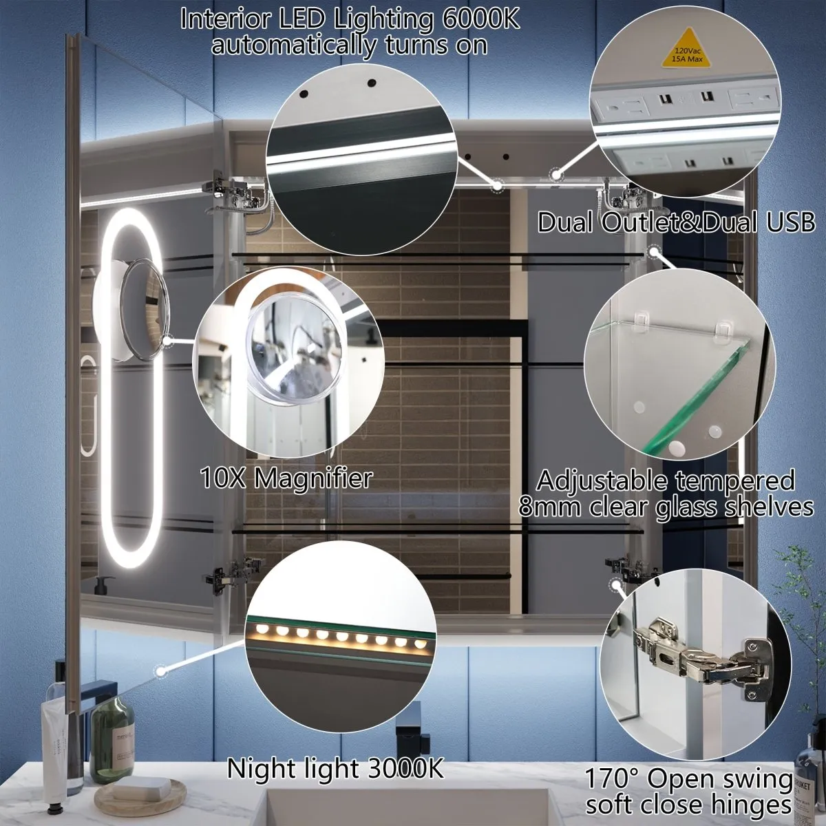 Illusion-B 30" x 36" LED Lighted Inset Mirrored Medicine Cabinet with Magnifiers Front and Back Light