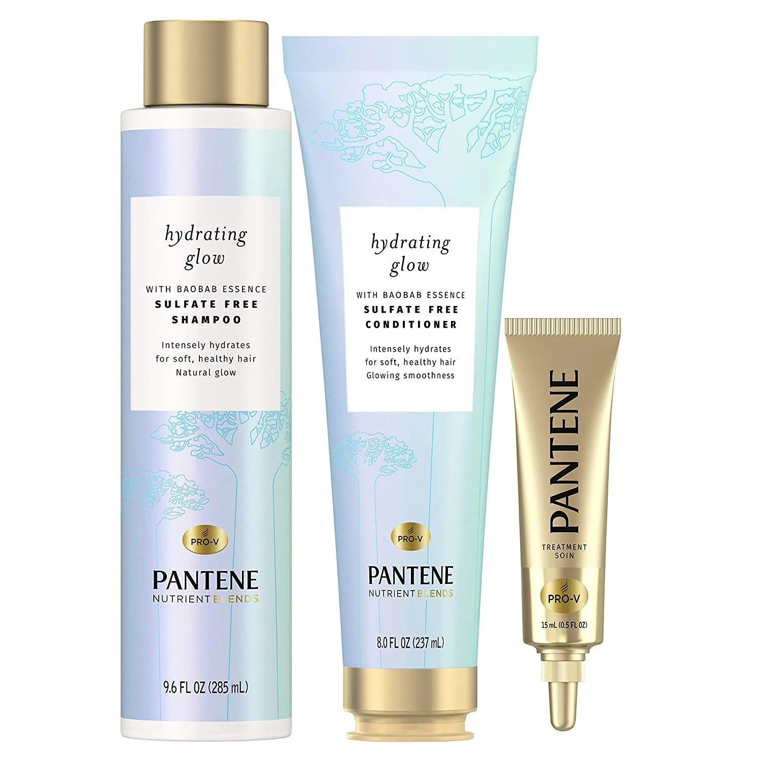 Pantene Shampoo and Conditioner Set, plus Hair Mask Rescue Shot Treatment, with Baobab Essence, Nutrient Blends Hydrating Glow, Sulfate Free