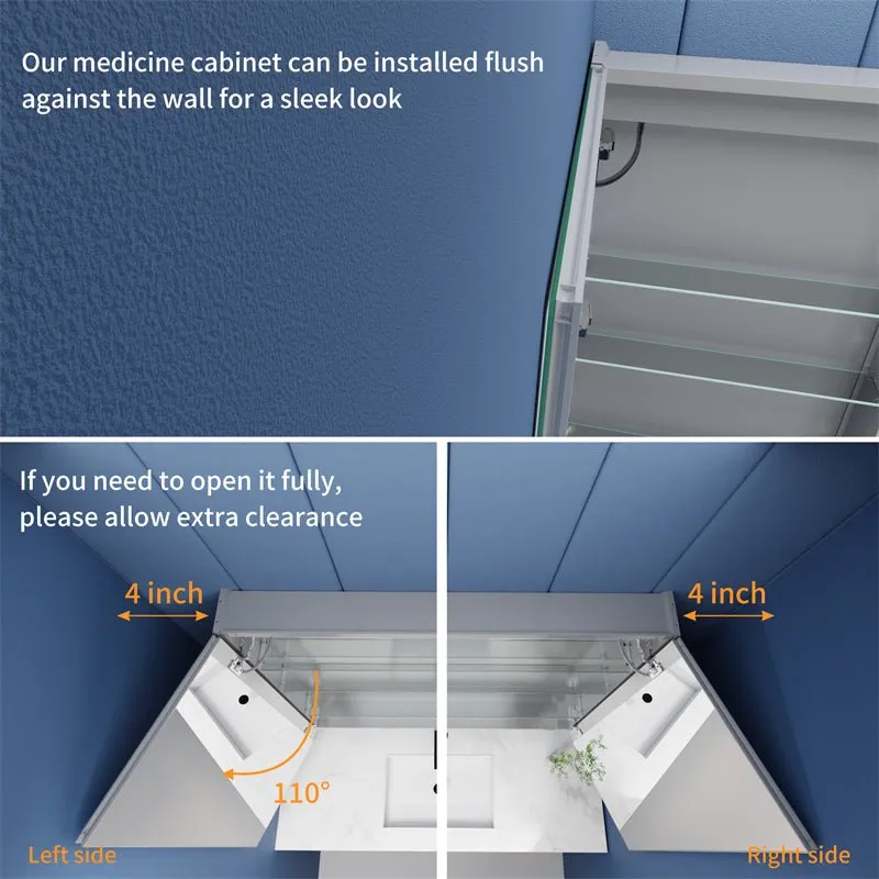 Rim 72" W x 30" H LED Lighted Big Medicine Cabinet Recessed or Surface with Mirrors and Clock