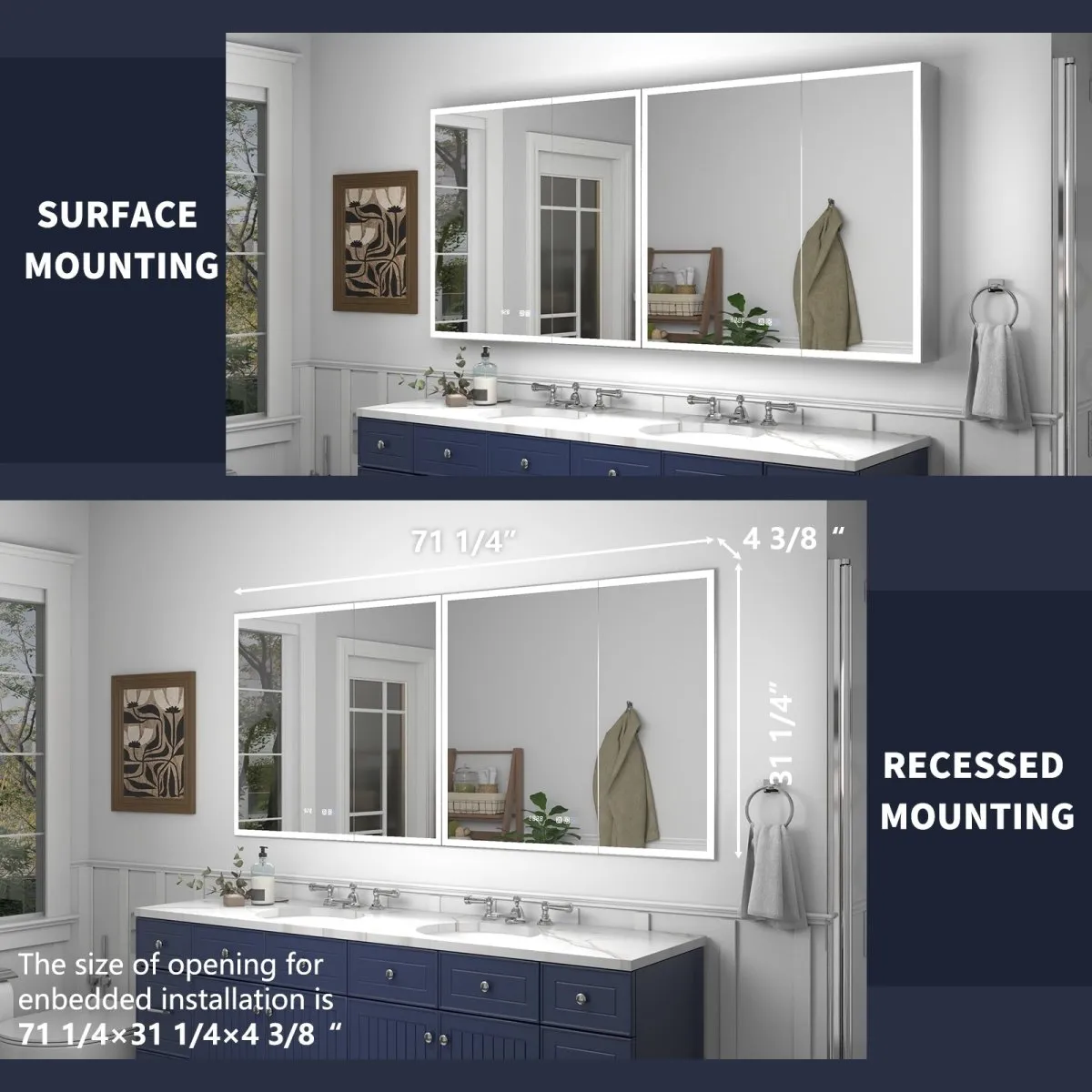 Rim 72" W x 32" H Lighted Medicine Cabinet Recessed or Surface LED Medicine Cabinet with Outlets & USBs