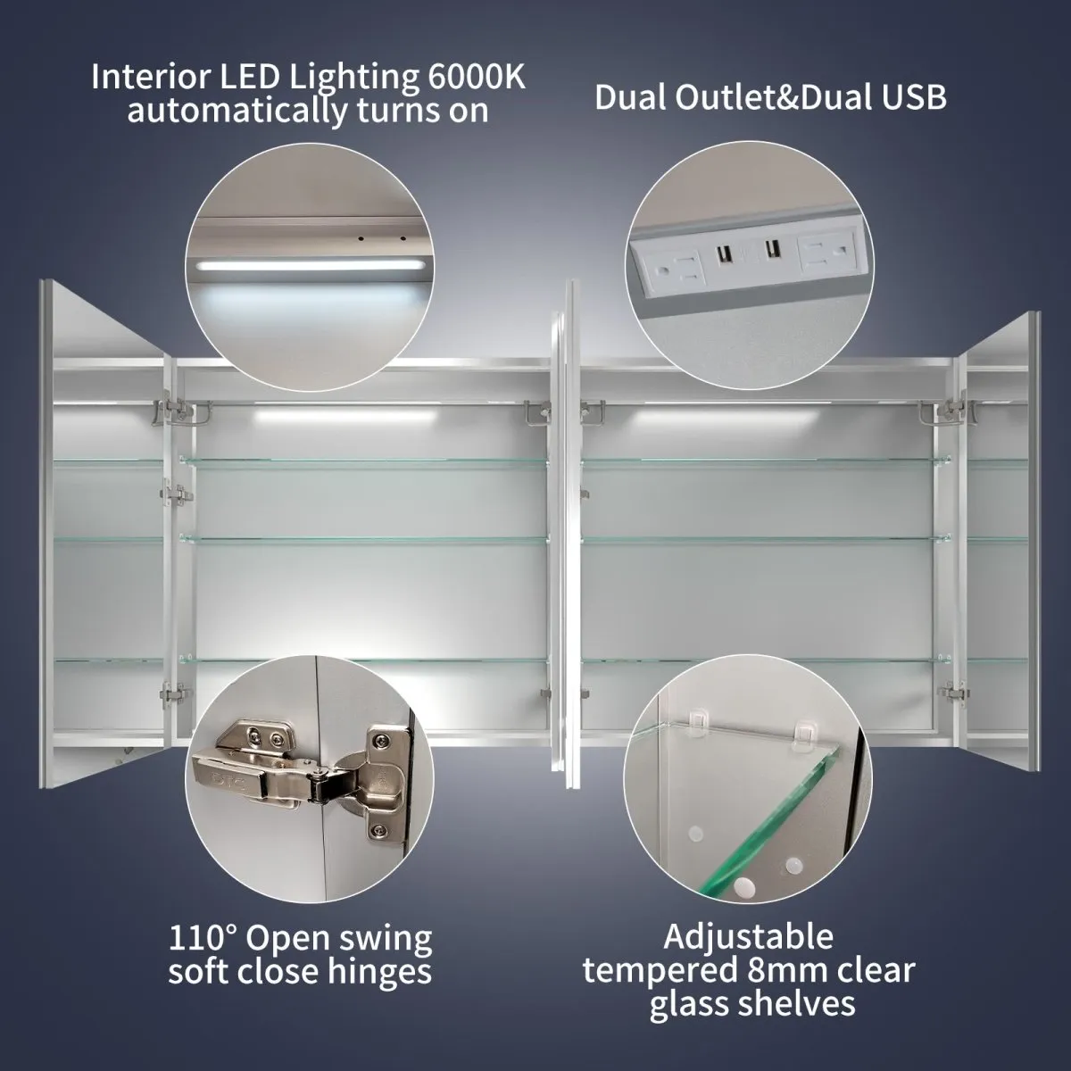 Rim 72" W x 36" H LED Lighted Medicine Cabinet Recessed or Surface with Mirrors,For Bathroom Livingroom