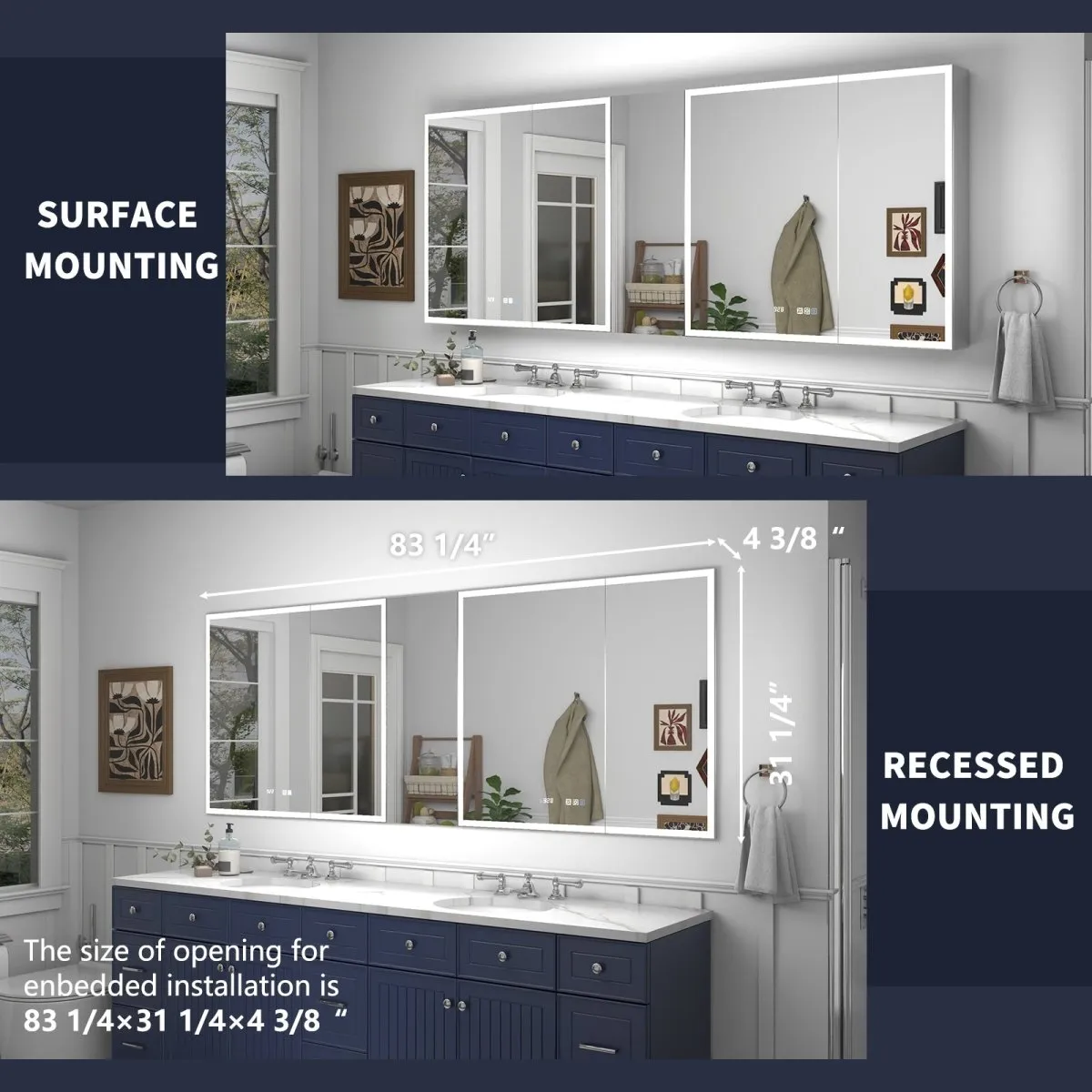 Rim 84" W x 32" H Lighted Medicine Cabinet Recessed or Surface LED Medicine Cabinet with Outlets & USBs